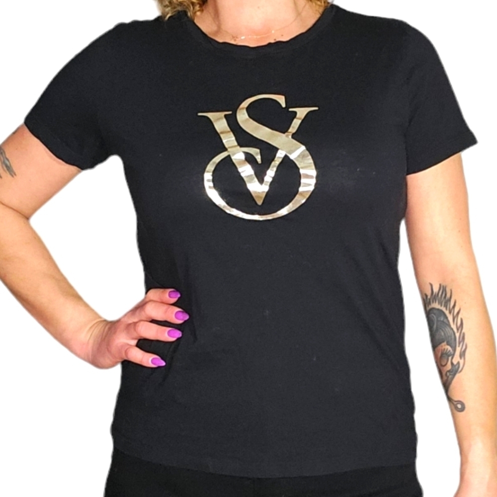Victoria's Secret Gold Printed Short Sleeve Cotton T-Shirt Size Small Black
